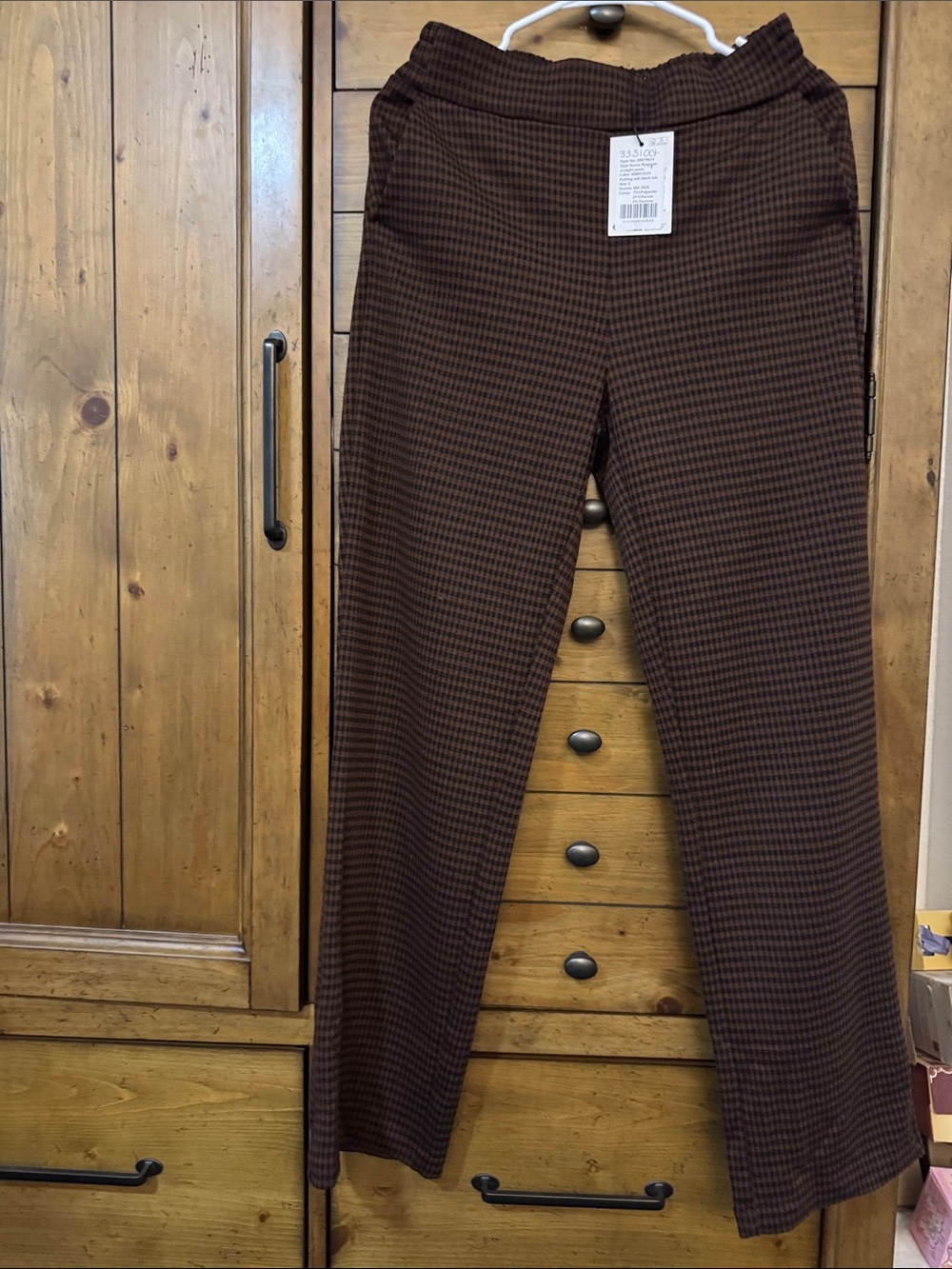 Women's Brown Houndstooth Pull-On Straight-Leg Pants